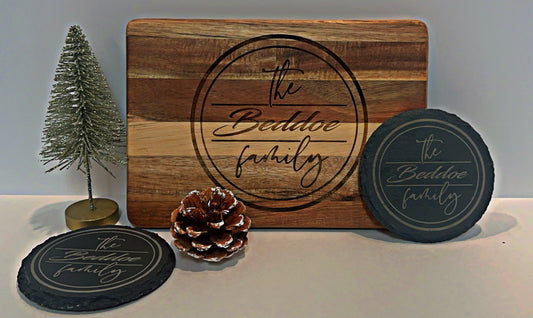 COUPLE BUNDLE - 2 Custom Engraved Slate Coasters and Matching 9 x 6 Cutting Board